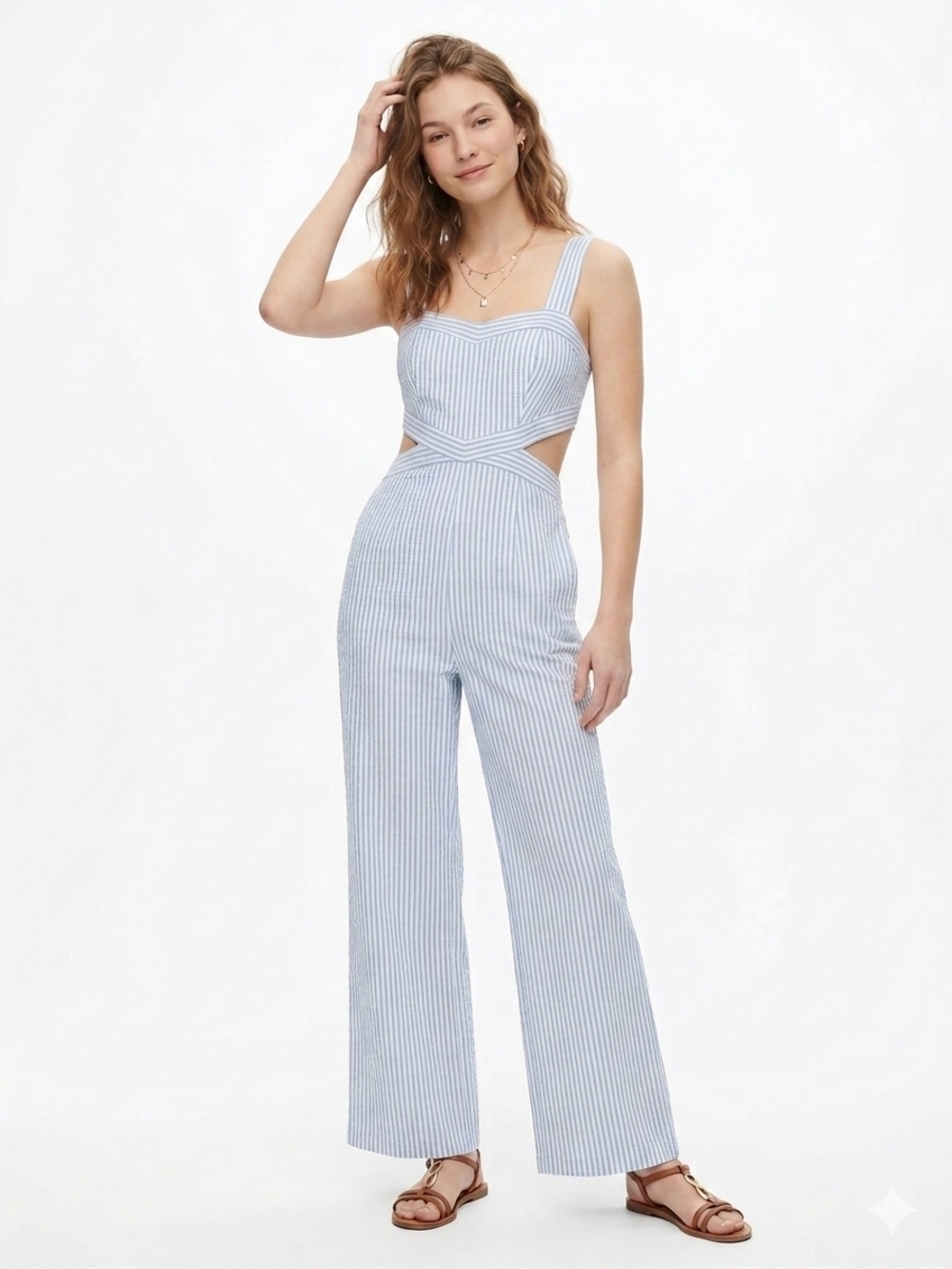 Altar'd State Blue and White Striped Cutout Jumpsuit